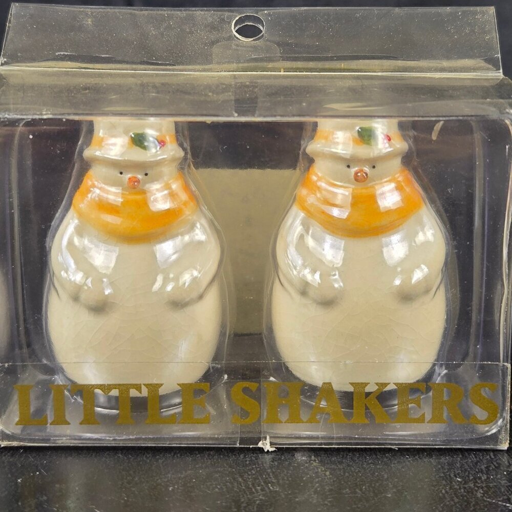 Mini Ceramic Snowman Salt & Pepper Shakers Rubber Stoppers In Original Box
